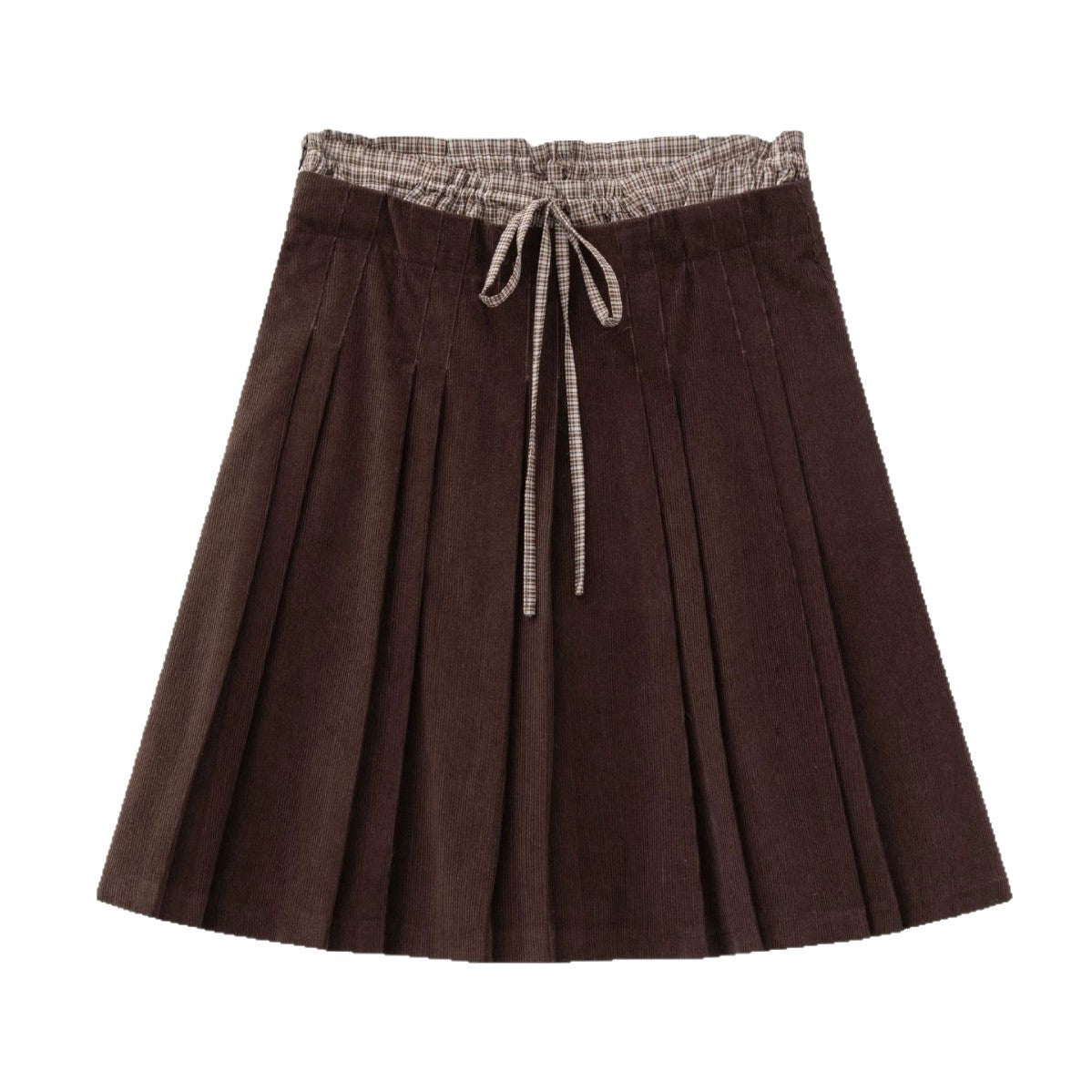 Brown Corduroy Double Waistband Design Pleated Skirt