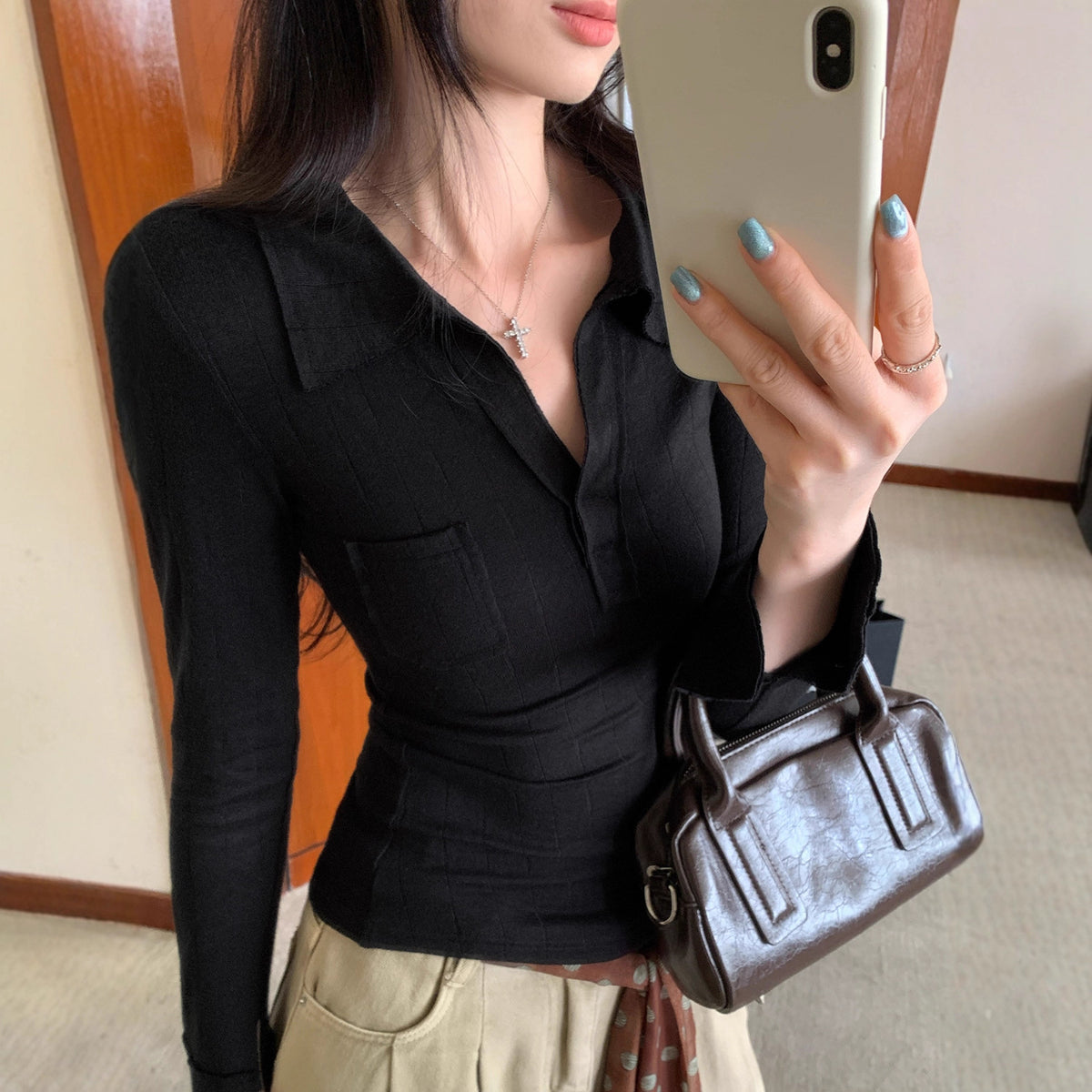 Brown Polo Neck Long Sleeve T-Shirt for Women
