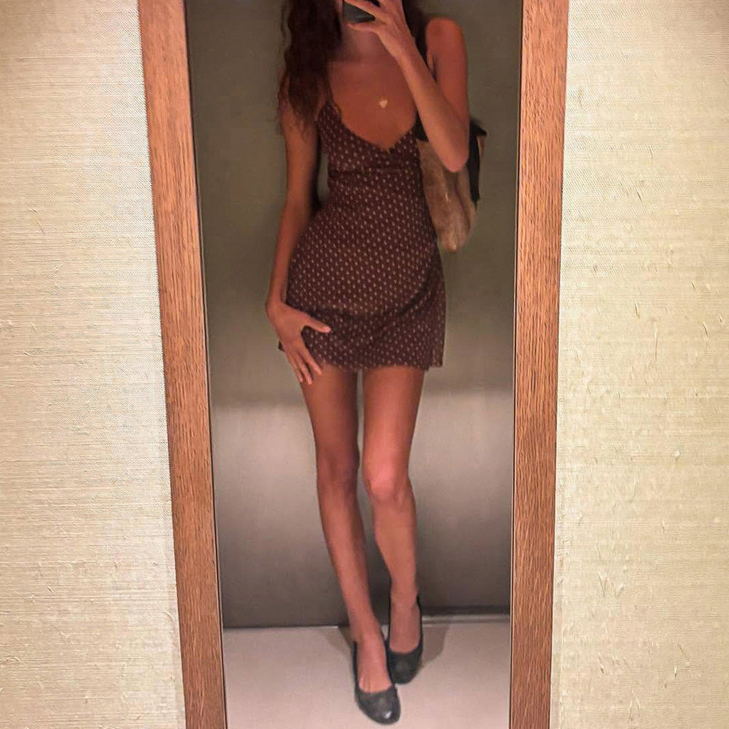 Brown polka dot V-neck camisole skirt