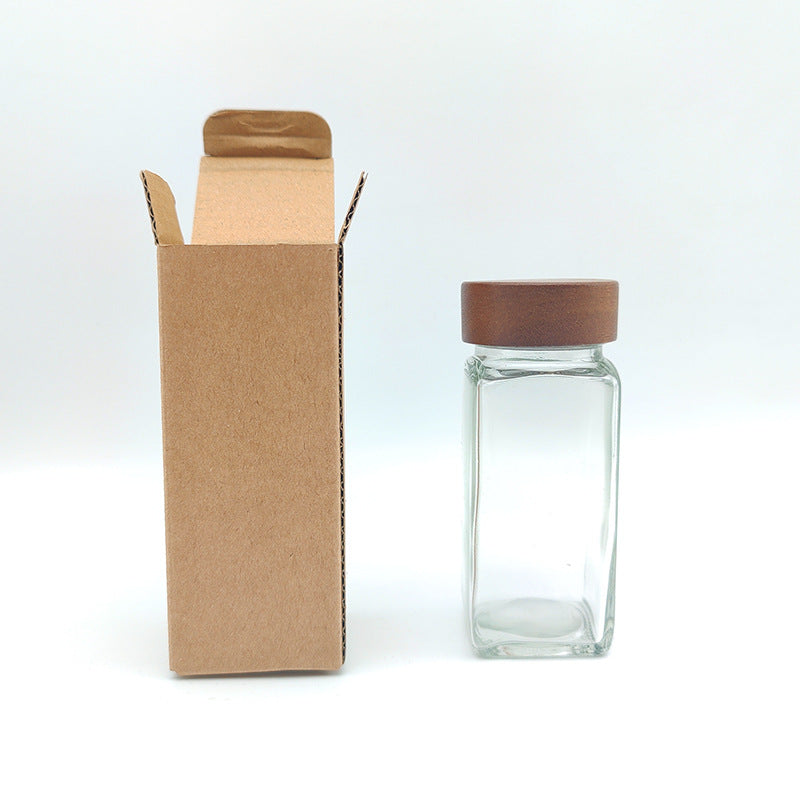 Acacia Wood Cover 120ml Square Glass Seasoning Jar 6Pcs