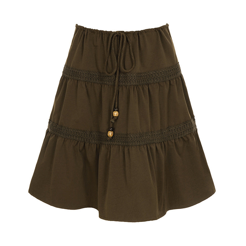 Vintage brown pleated patchwork solid color skirt