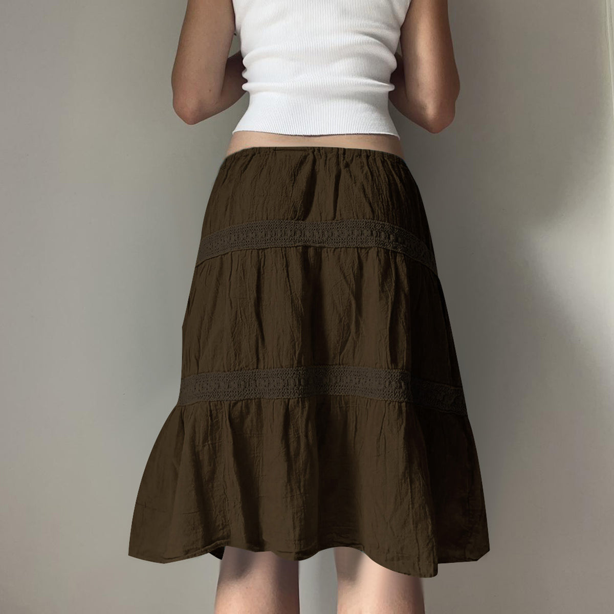 Vintage brown pleated patchwork solid color skirt