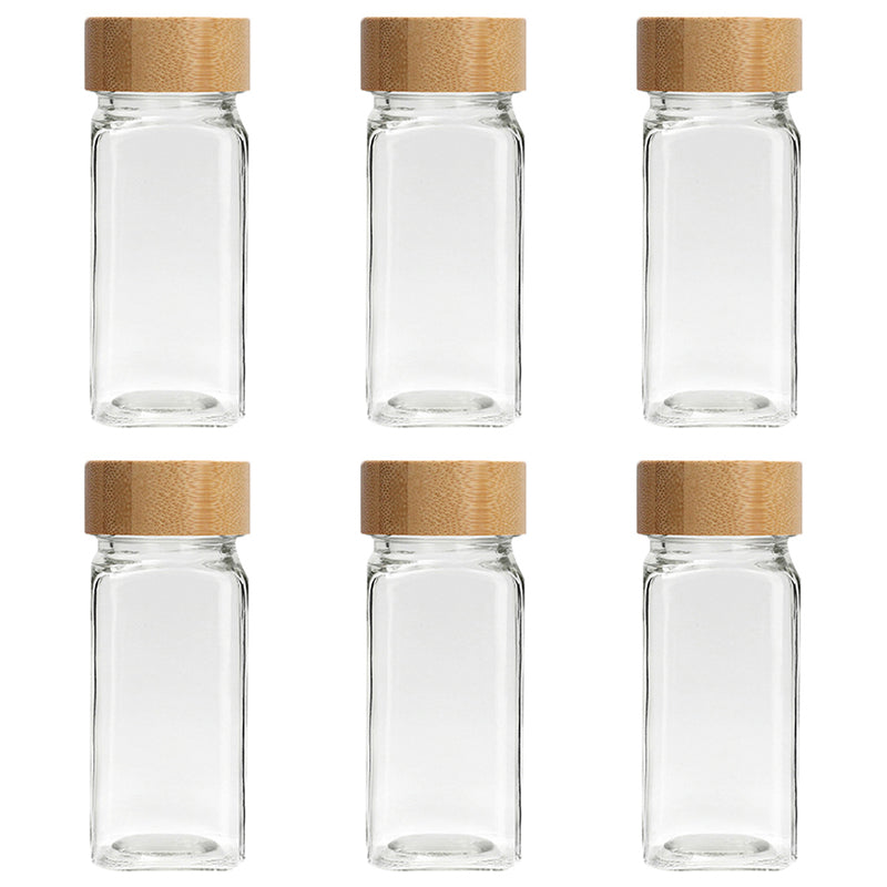 Acacia Wood Cover 120ml Square Glass Seasoning Jar 6Pcs