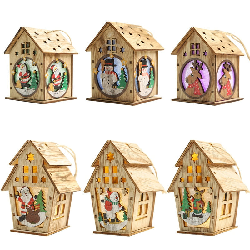 Festival Led Light Wood House Santa Claus Christmas Tree Decorations