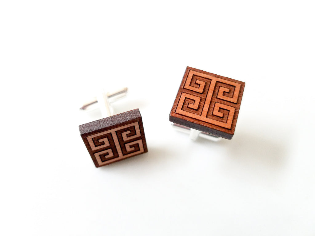 Greek Key cherry wood cuff links